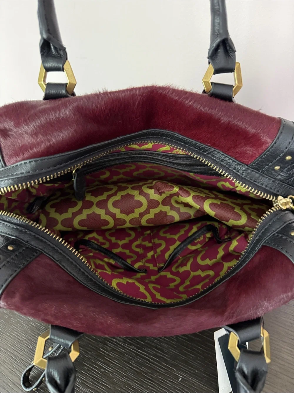 orYANY Burgundy Faux-Hair Satchel with Black Leather & Gold Hardware